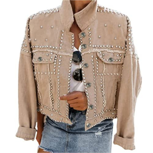 Women's Long Sleeve Rivet Studded Denim Jacket Casual Washed Short Jean Coat Western Outfits | Amazon (US)