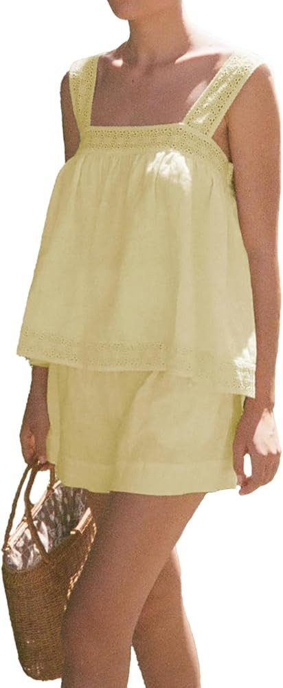 Womens Fashion 2 Piece Set Lace Cami Top and Shorts Set Summer Cotton Pajama Set | Amazon (US)