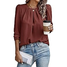 Samefar Womens Tops Dressy Casual Pleated Crew Neck Long Sleeve Shirts Office Work Chiffon Blouse... | Amazon (US)