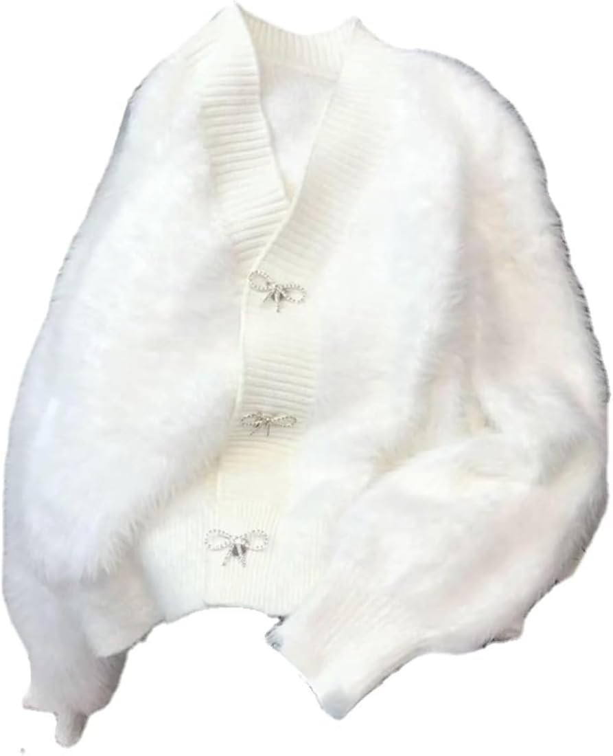 Womens Warm Fluffy Fur Cardigan Fuzzy Sweater Y2K Coat Solid Long Sleeve V Neck Rhinestone Bow Sw... | Amazon (US)