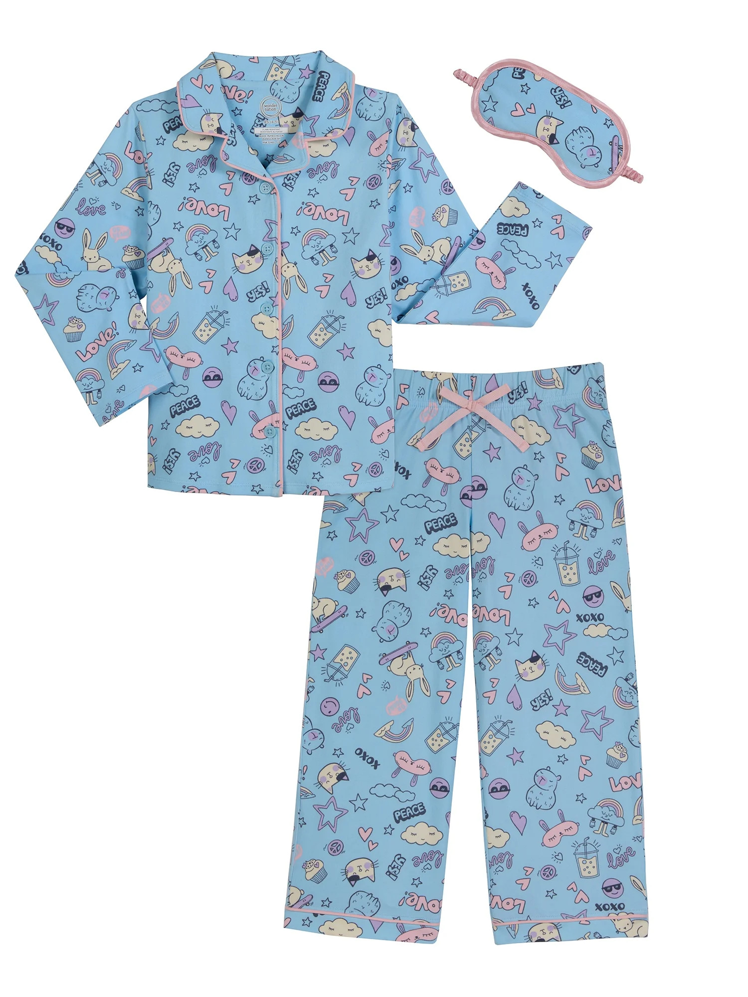 Wonder Nation Girls Button Front Long Sleeve Top & Pant Pajama Set with an Eyemask, 3-Piece, Size... | Walmart (US)