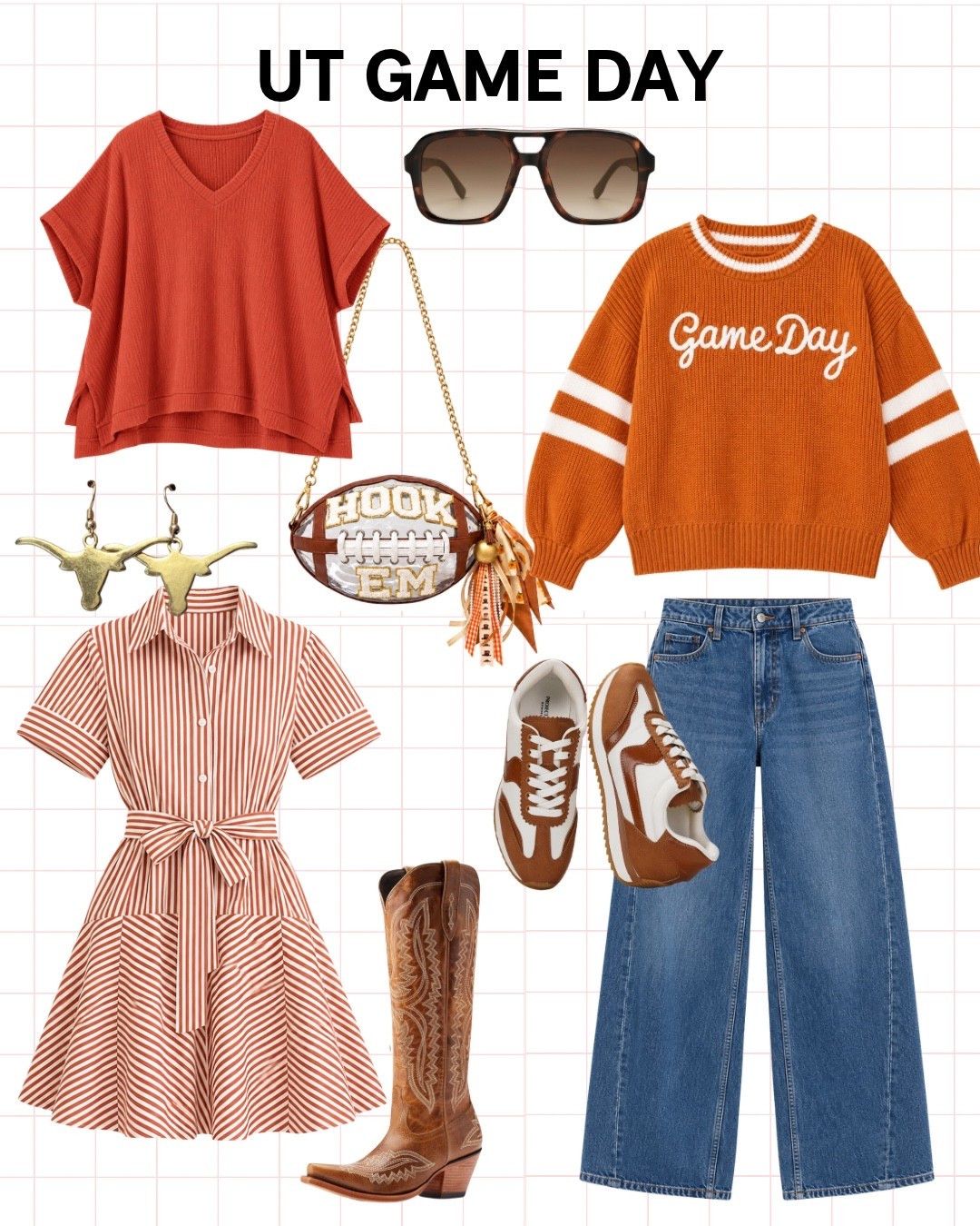 UT game day outfit inspo 🤘🧡 Burnt orange + denim looks for Texas Longhorns football, tailgating in Austin and Saturdays at DKR. Cute college game day outfits with wide leg jeans, cowboy boots, sneakers, game day sweaters, dresses + accessories. Hook ’em!

#UTGameDay #TexasLonghorns #TexasGameDay #GameDayOutfit #CollegeGameDay #TailgateOutfit #Tailgating #FootballOutfit #BurntOrange #AustinTexas #Longhorns #CollegeFootball

#LTKmomlife #LTKSeasonal #LTKActive