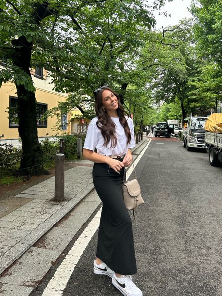 Casual outfit for walking around Kyoto, Japan! 
• Amazon white boxy tee (Size M)
• Amazon black maxi skirt (Size M)
• Amazon waist belt 
• Nike shoes (9)

#amazonfashion #traveloutfit #basics #whitetee #springoutfit
#summeroutfit

#LTKTravel #LTKFindsUnder50 #LTKShoeCrush