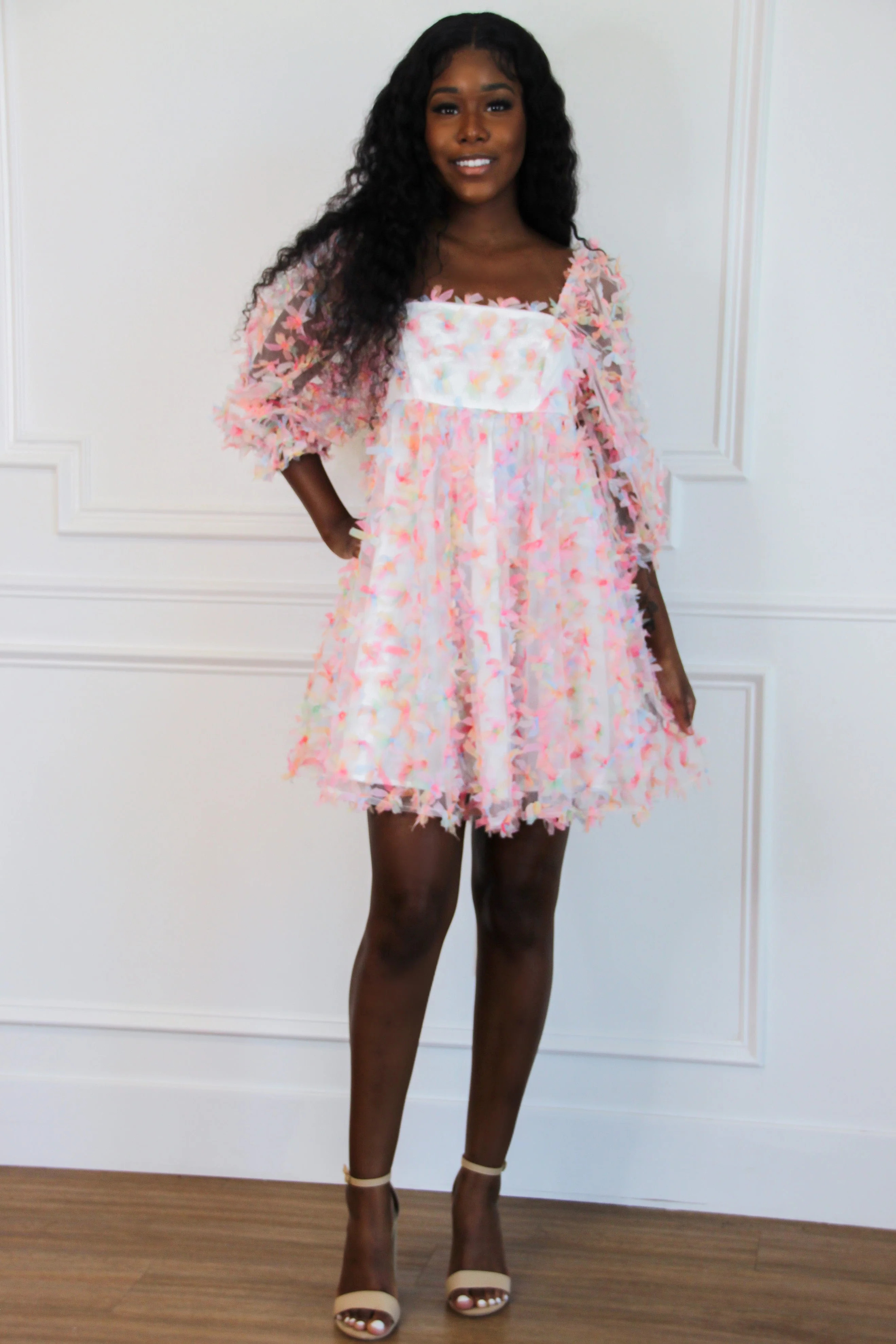Rainbow Wishes Applique Dress: White Multi | Bella and Bloom Boutique