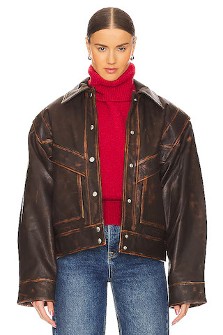 GRLFRND Jayden Distressed Leather Jacket in Dark Brown from Revolve.com | Revolve Clothing (Global)