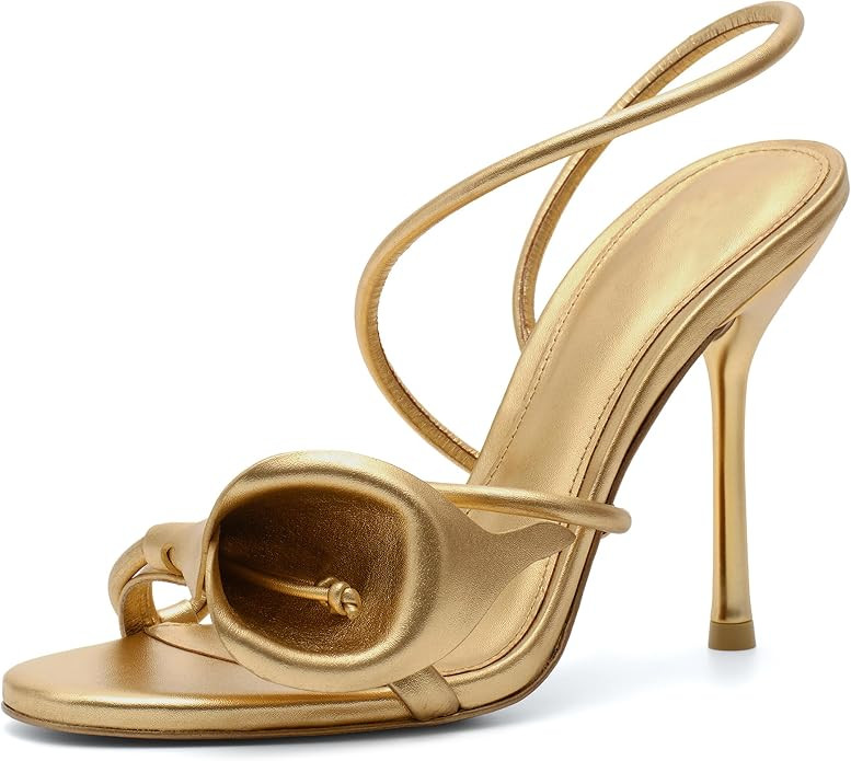 Metallic Gold Flower Slingback Heels for Women, Open Toe Thin Strap Stiletto High Heel Sandals Fo... | Amazon (US)