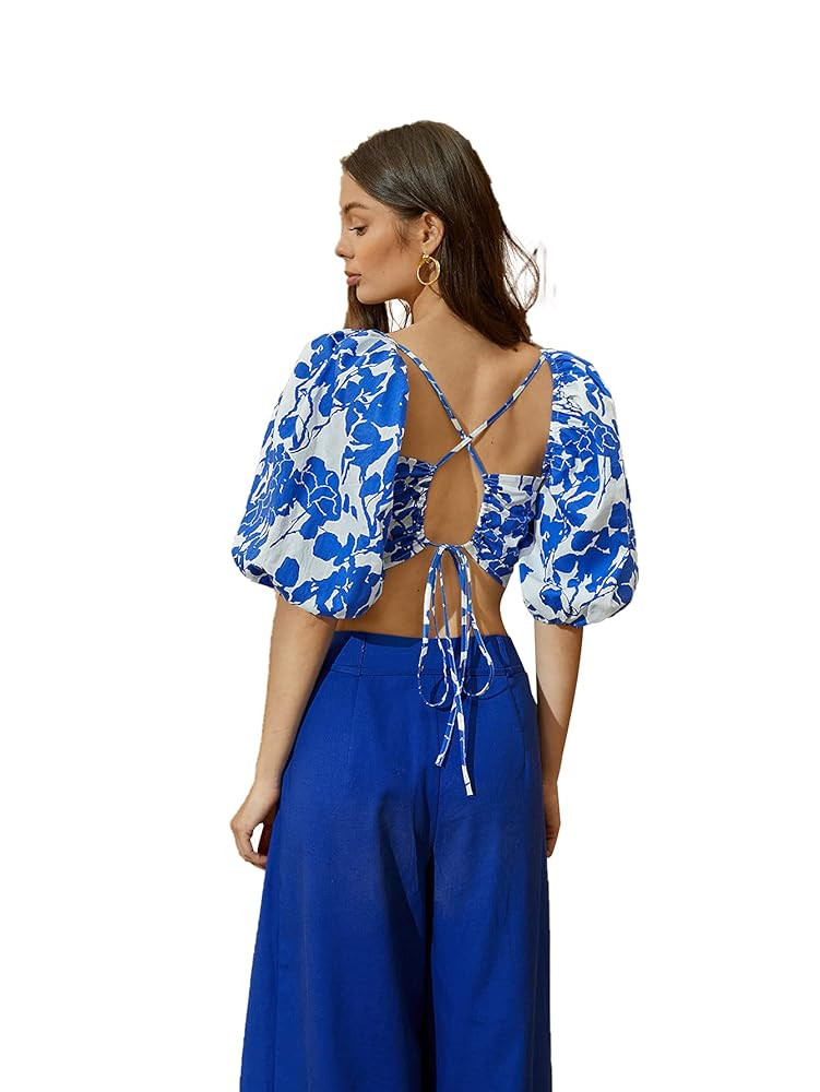 Floerns Women's Sweetheart Neck 3/4 Puff Sleeve Criss Cross Tie Back Blouse Crop Top | Amazon (US)