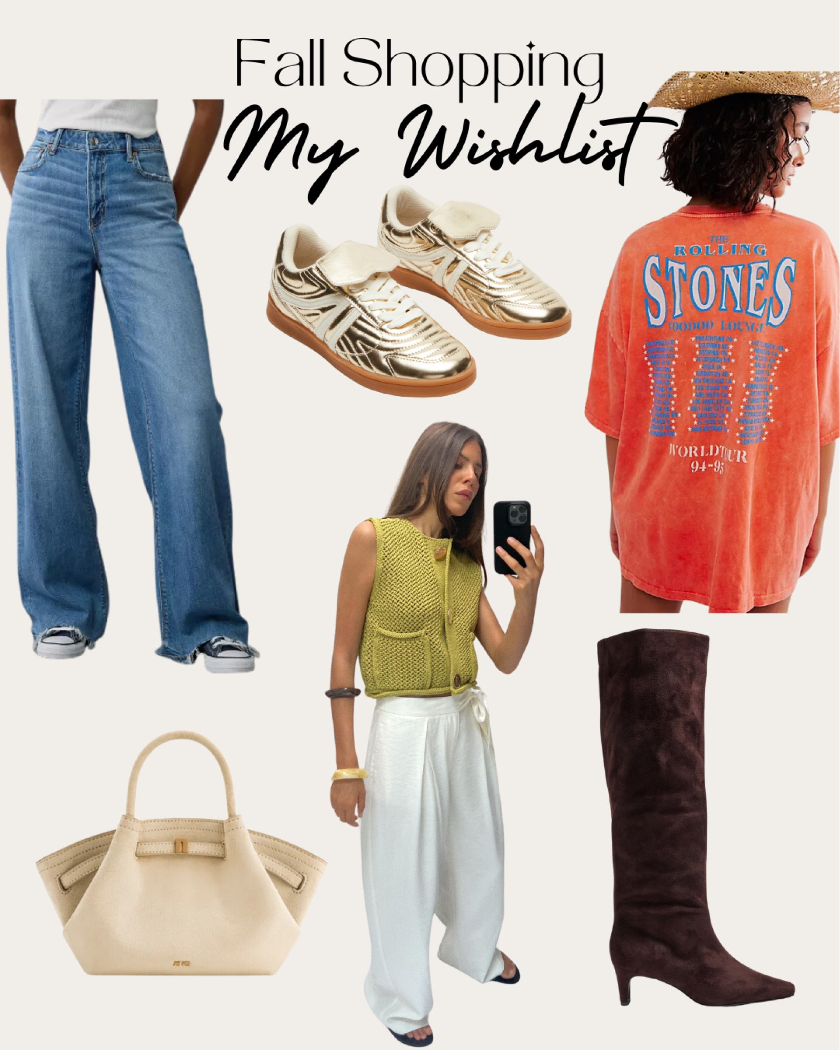 My fall shopping wish list. Gold sneakers. Wide leg slouchy jeans for curves. Oversized tee shirt. Sweater vest with gold buttons. JW PEI suede bag. Suede knee high boots 

#LTKStyleTip #LTKMidsize #LTKFallSale