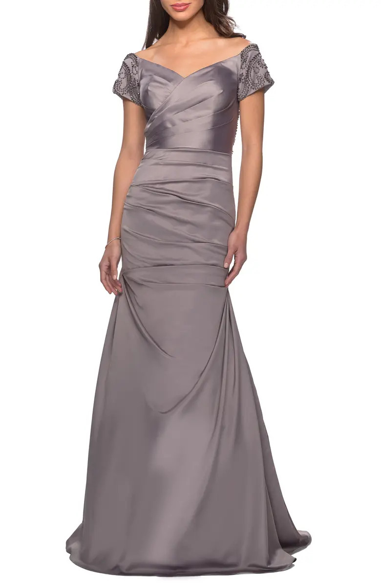 Off the Shoulder Beaded Satin Trumpet Gown | Nordstrom