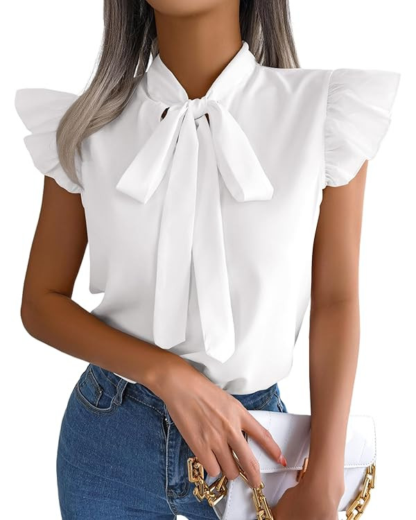Rooscier Women's Bow Tie Neck Ruffle Cap Sleeve Elegant Office Blouse Shirt Tops | Amazon (US)