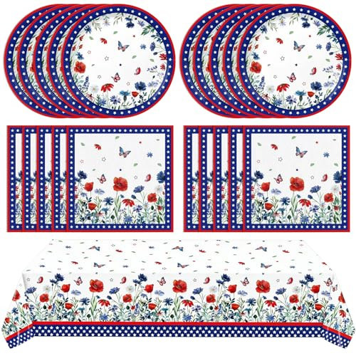 41Pcs 4th of july party supplies Patriotic Watercolor Poppy Flowers Independence Day Disposable Plates Napkins Tablecloth Set for Fourth of July Independence Veterans Election Memorial Day Serve 20 | Amazon (US)