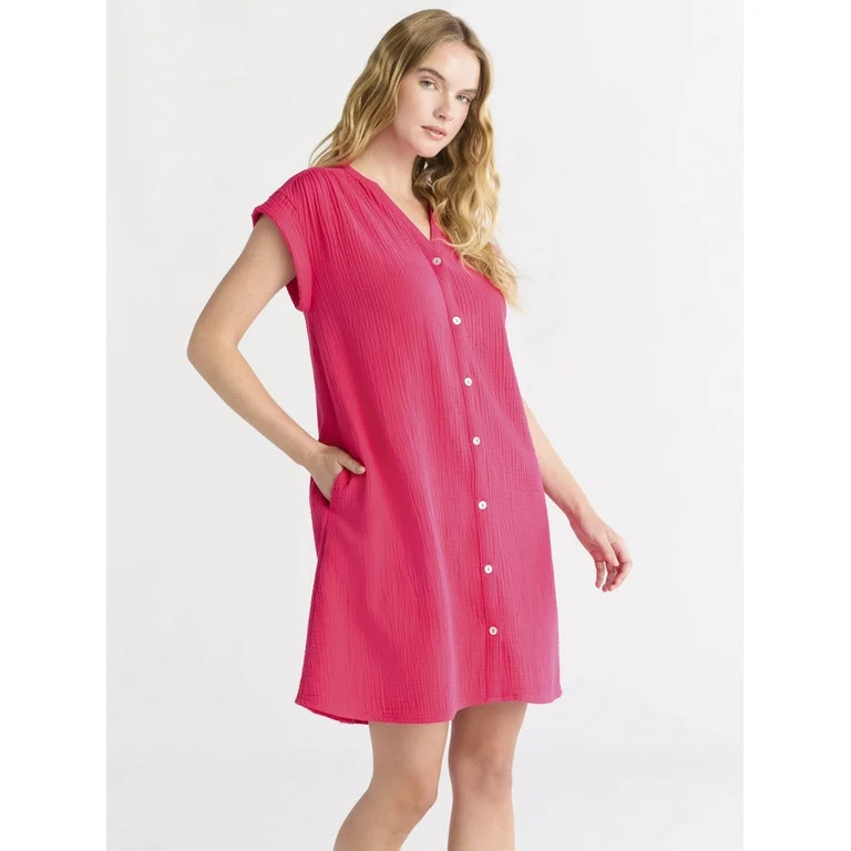 Time and Tru Women's Double Cloth Cotton Mini Shirtdress, Sizes XS-XXXL | Walmart (US)