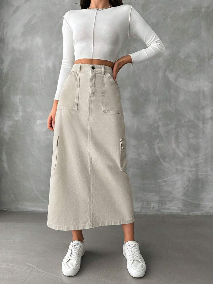 SHEIN Cottnline Solid Flap Pocket Side Split Back Denim Skirt | SHEIN