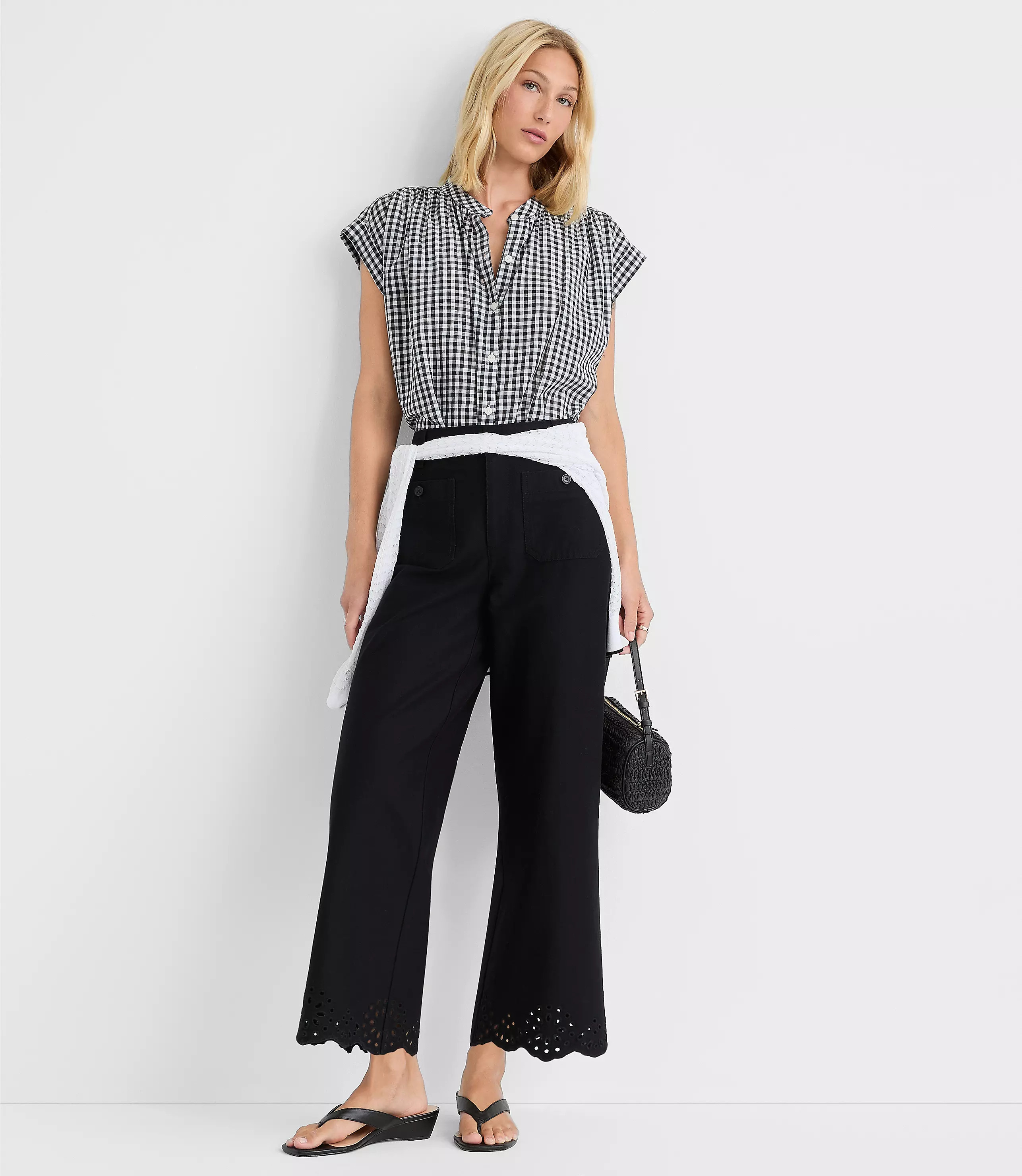Palmer Wide Leg Crop Pants with Eyelet Hem | LOFT