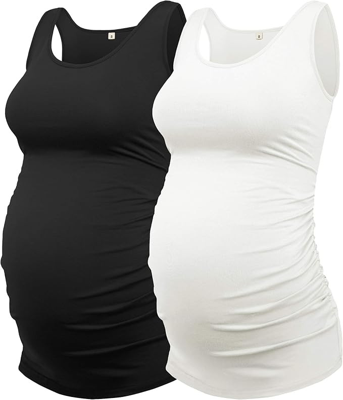 FABRACK Women's Maternity Tank Top Pack Side Ruched Sleeveless T-Shirt Summer Layering Pregnancy ... | Amazon (US)