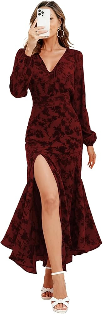 Floral Printed V-Neckline Split Bridesmaid Dresses Velvet Long Sleeves Mermaid Wedding Guest Dres... | Amazon (US)