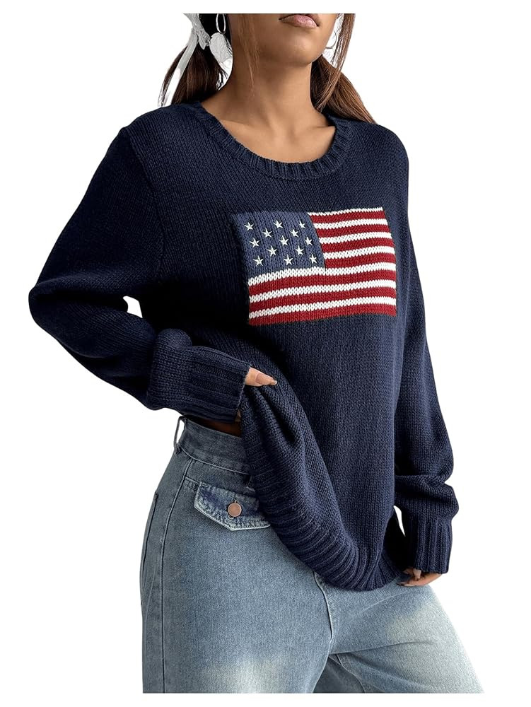 SweatyRocks Women's Flag Pattern Long Sleeve Round Neck Sweater Casual Loose Pullover Sweater | Amazon (US)