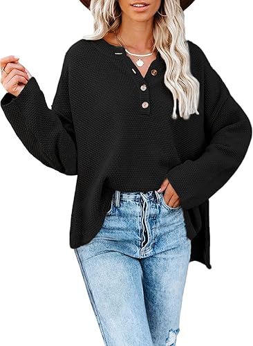 Dokotoo Womens Button V Neck Sweaters Long Sleeve Cable Knit Pullover Sweater Tops | Amazon (US)