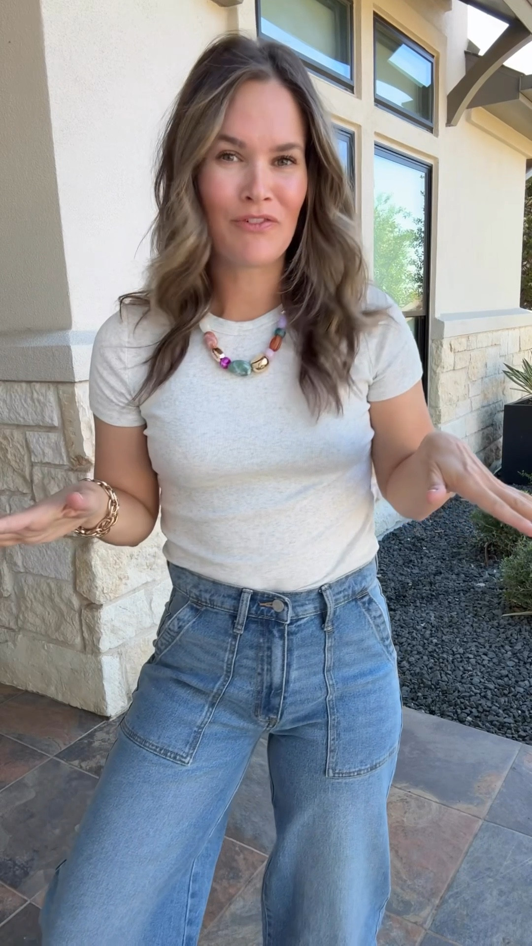 This entire outfit is from Walmart! I’ve been loving adding beaded necklaces + bracelets to everything lately. These jeans come in so many washes—I linked them all!