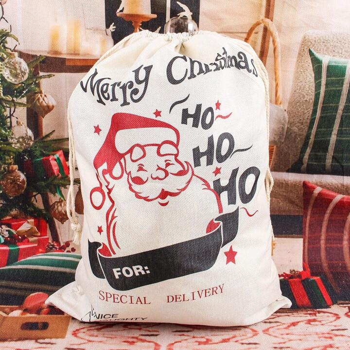 1pc Large Santa Claus Printed Linen Gift Bag For Christmas Holiday Gift Wrapping,Christmas | SHEIN