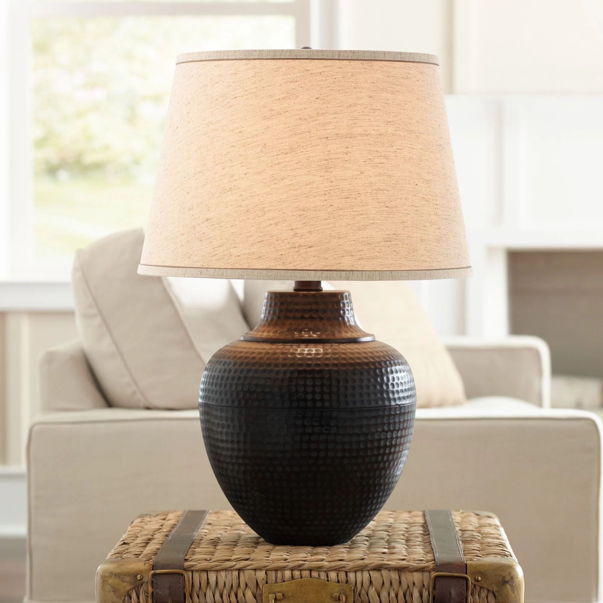 Barnes and Ivy Brighton Rustic Farmhouse Table Lamp 27 1/4" Tall Hammered Bronze Pot Beige Linen ... | Walmart (US)
