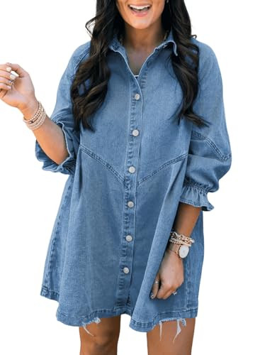 Sidefeel Womens Smocked 3 4 Sleeve Button Down Denim Jeans Dresses | Amazon (US)