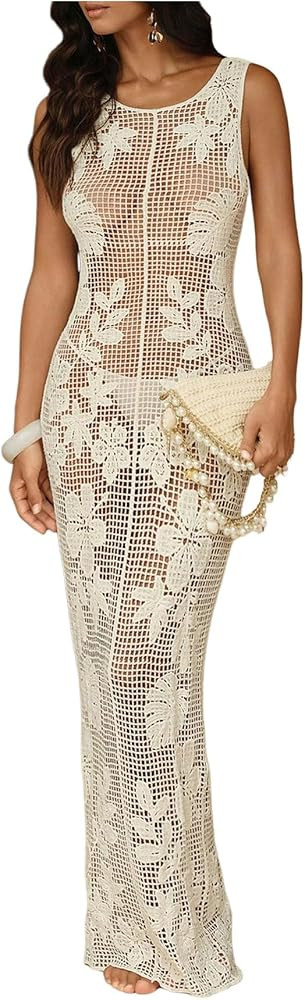 WDIRARA Women's Floral Crochet Sheer Cover Up Maxi Beach Dress Hollow Out Sleeveless Coverups | Amazon (US)