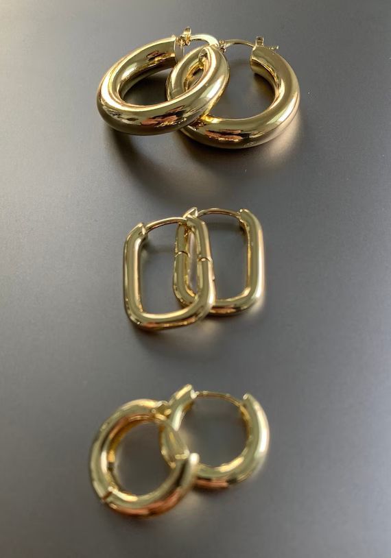Chunky Gold Fill Earring SET, 14K Gold Oval Hoop Earring, Chunky Gold Square Hoop Earrings, Minim... | Etsy (US)
