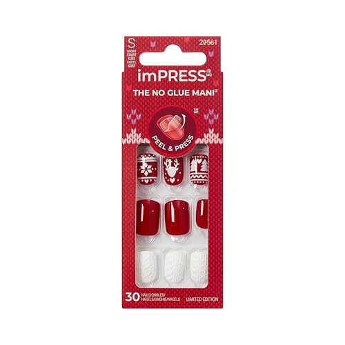 KISS imPRESS Holiday Press On Nails, ‘Feelin' Festive’, Red, Short Squoval, 3D Effect, Improved Super Hold Adhesive, 30 Fake Nails, Prep Pad, Mini Nail File, & Manicure Stick | Amazon (US)