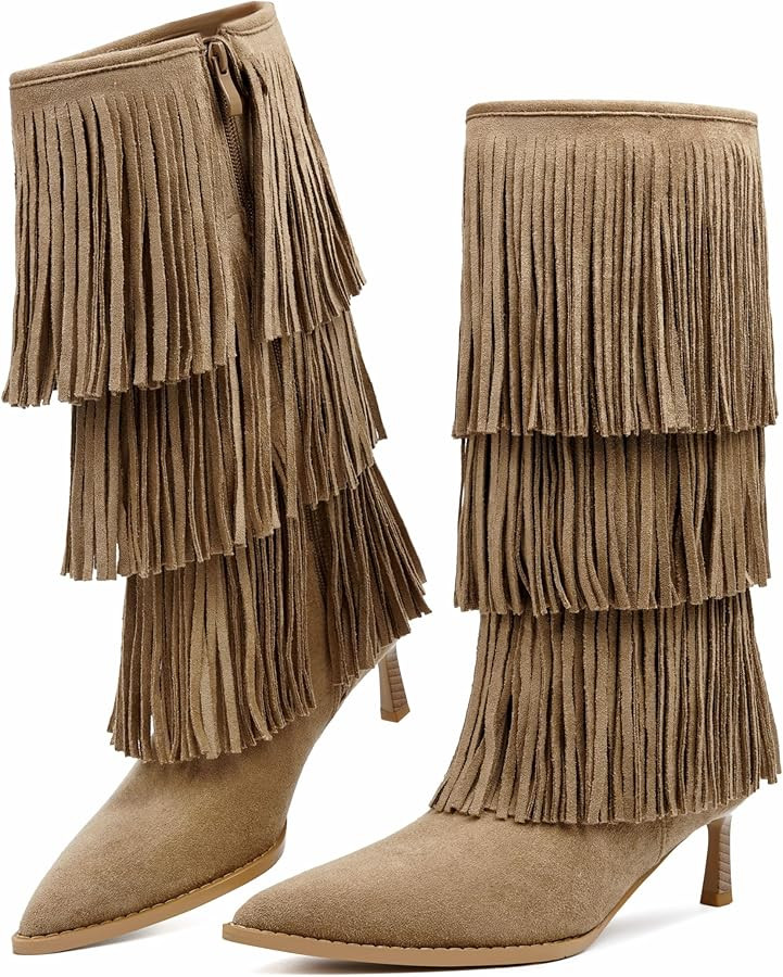 Vertundy Women's Fringe Boots Kitten Heel Pointed Toe Mid Calf Boots Tassels Design Fashion Suede... | Amazon (US)