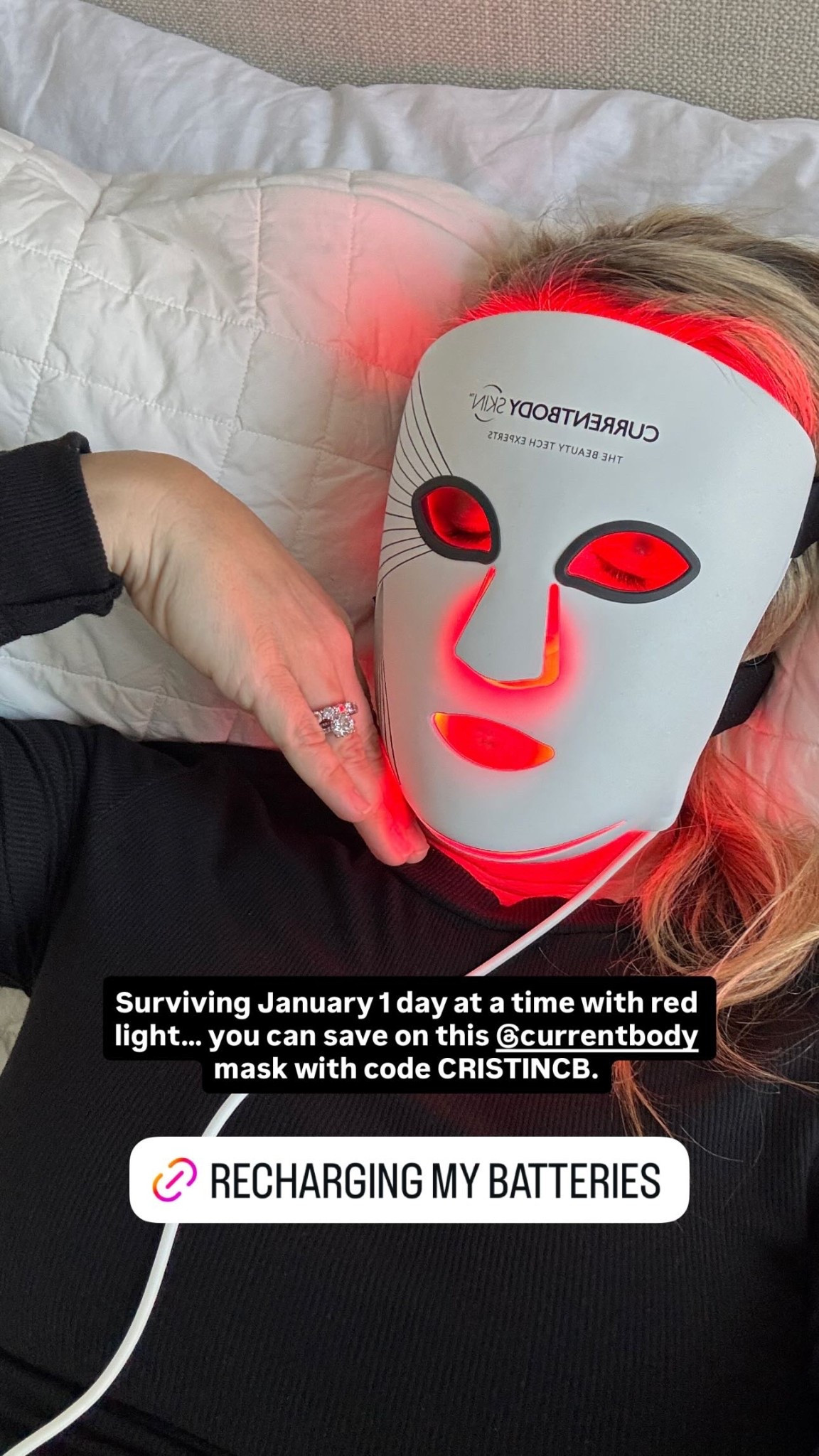 Surviving January 1 day at a time with red light… you can save on this @currentbody mask with code CRISTINCB. 

 