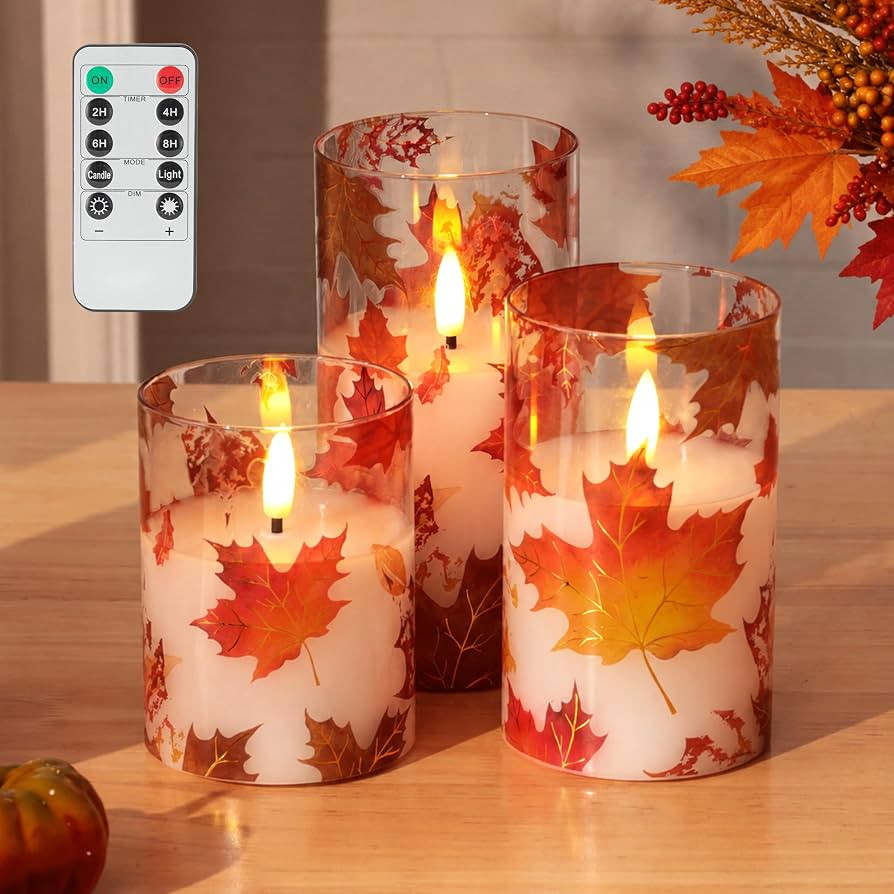 Battery Operated, Flickering Flame, Remote Control, Fall Maple Leaf Design, Thanksgiving Table Ce... | Amazon (US)
