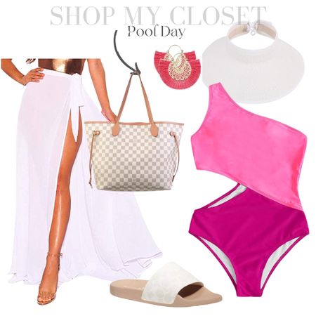 Beach, pool, or boat day outfit. Colorblock Cut out one piece swimsuit white sheet skirt coverup, Louis GM Neverfull tote, Coach poolside slides, fringe earrings from Amazon white wrap beach hat, Amazon swim bikini

#beachoutfit #pool #summeroutfit #bikini #amazonfashion #oldnavy #vacation 

#LTKsalealert #LTKswim #LTKtravel