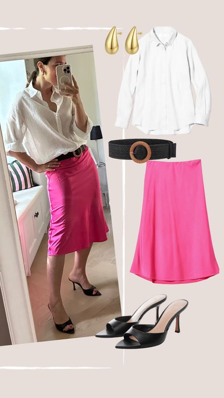 Gonna rosa per farsi notare in ufficio. Ciabattine con tacco eleganti e un po’ glam e camicia di lino per affrontare il caldo  

#LTKSeasonal #LTKstyletip #LTKworkwear