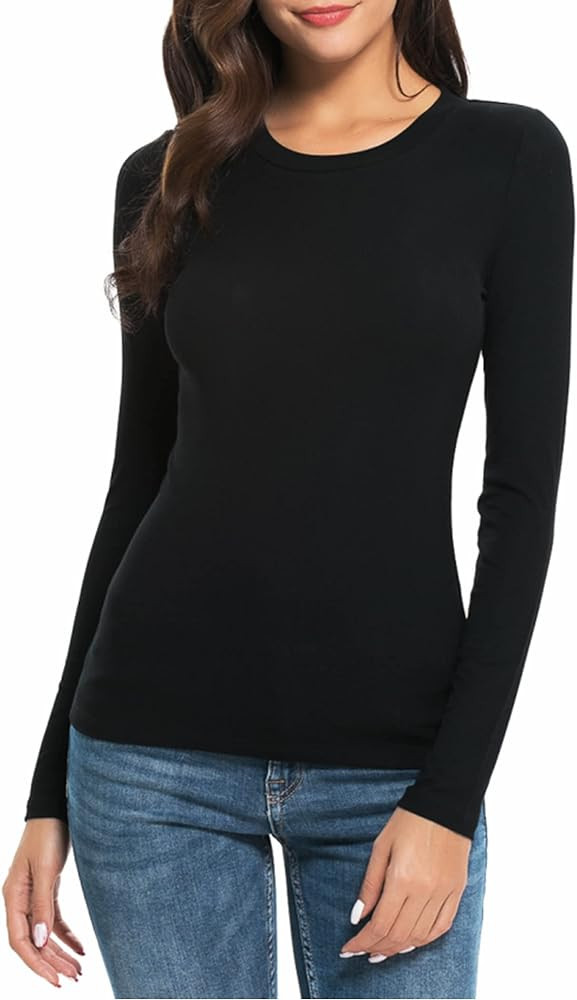 Women Long Sleeve Crew Neck/Scoop Neck Rayon Slim Fit Stretchy Layer T Shirts Tops | Amazon (US)