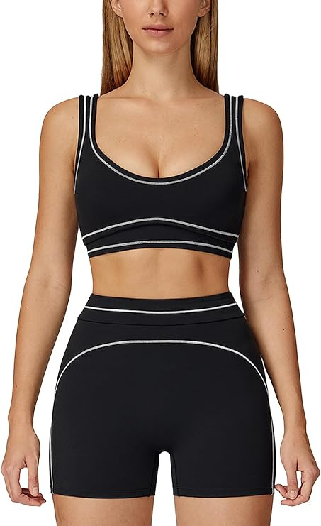 ABOCIW Womens Workout Sets Contrast Trim Sports Bra Matching High Waist Shorts 2 Piece Gym Yoga P... | Amazon (US)