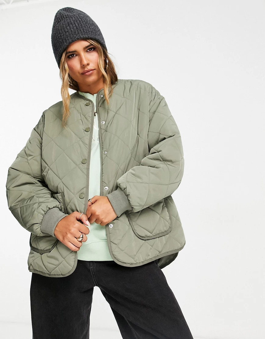 New Look collarless quilted jacket in light green | ASOS (Global)
