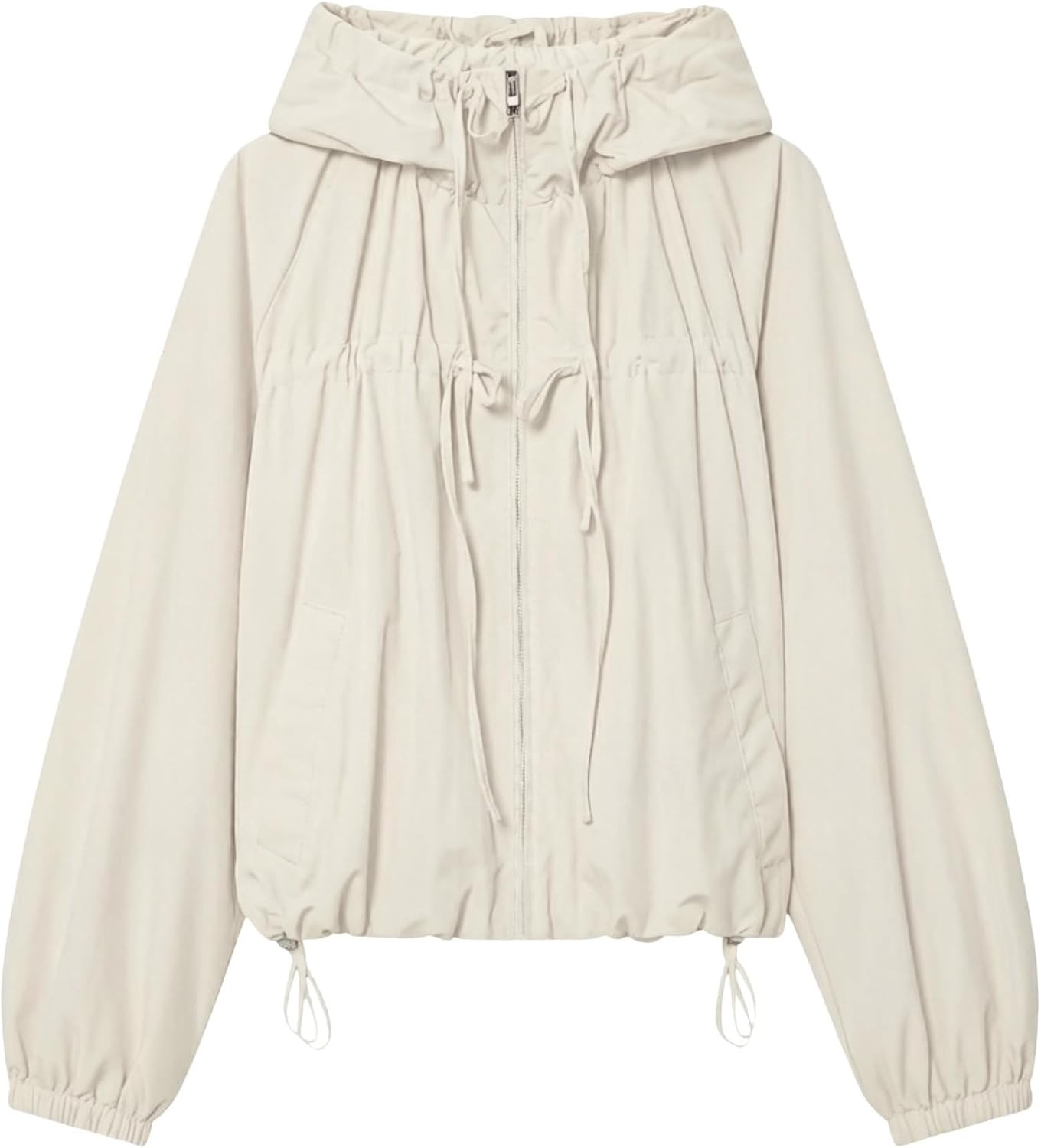 Xunger Women's Gathered Hooded Jacket Casual Loose Fit Bow Detail Coat Drawstring Hem Long Sleeve Outerwear with Pockets | Amazon (US)