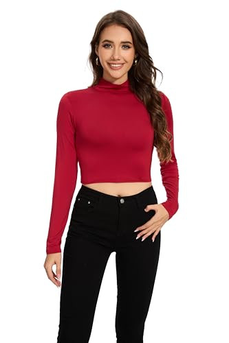 Red Long Sleeve Shirts for Women Cropped Mock Neck Tops High Neck Long Sleeve Cropped Shirts Red Large 2024 | Amazon (US)