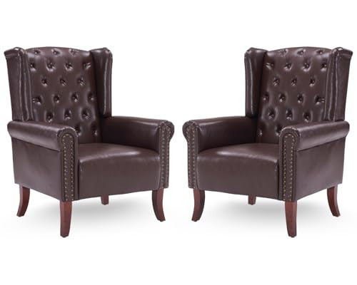 LOVSPATIO Modern Accent Chair Set of 2, Mid-Century Faux Leather Armchair Upholstered Club Sofa Chair with Wooden Legs, High Back Living Room Chair for Bedroom, Office, Lounge (Caramel) | Amazon (US)