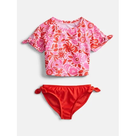 Wonder Nation Girls Short Sleeve Rash Guard Swim Set Two-Piece Sizes 4-18 | Walmart (US)