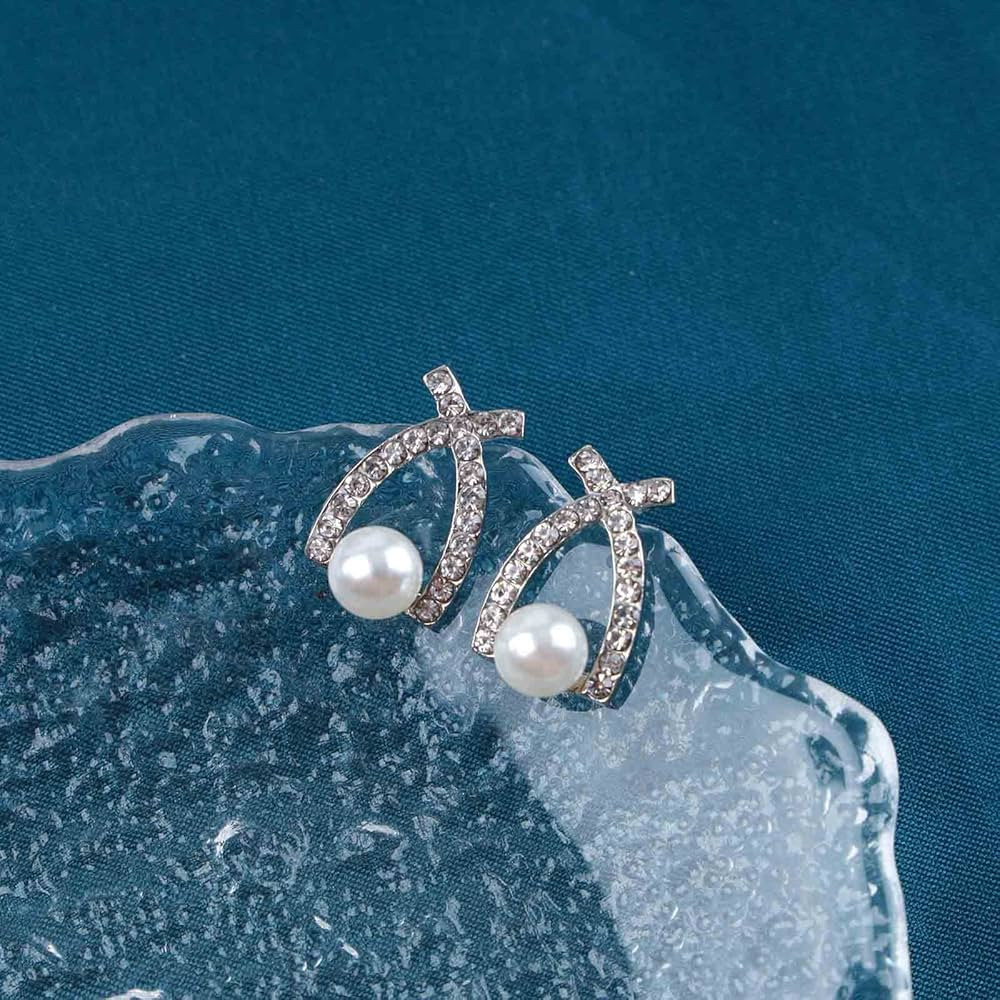 Vintage Crystal Pearl Earrings Pearl Drop Stud Earrings Silver Cz X Earrings Cz Cross Criss Bar E... | Amazon (US)