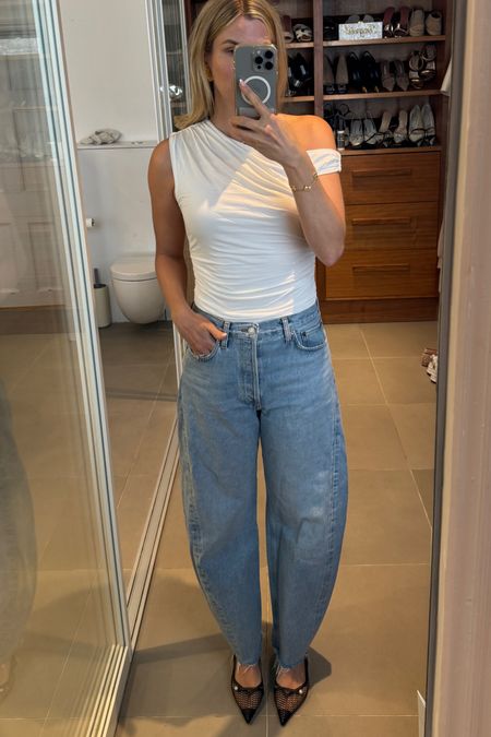 Today’s outfit - the top is so soft and double lined so not see through.

Size medium top, size 27 jeans. 

#LTKuk #LTKeurope #LTKstyletip