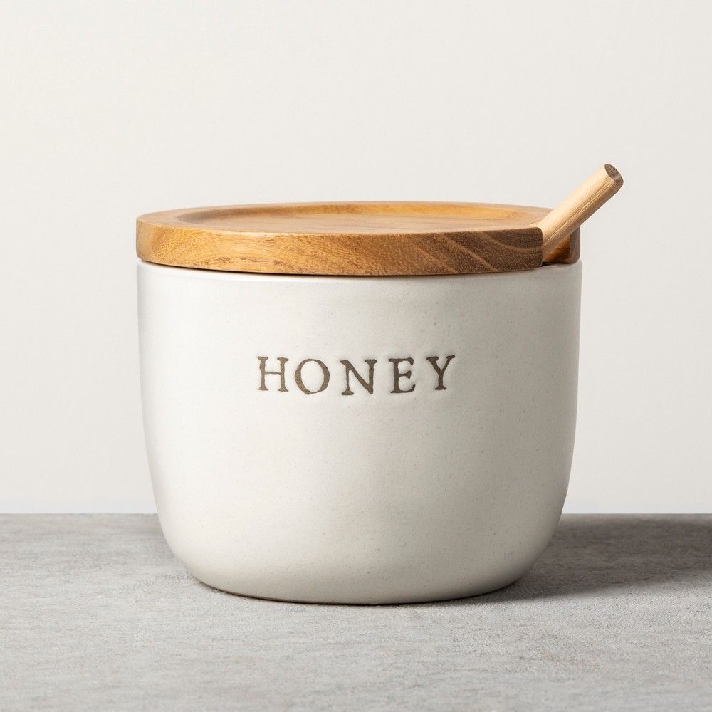 Stoneware Honey Pot with Acacia Wood Dipper and Lid - Hearth & Hand with Magnolia, White | Target