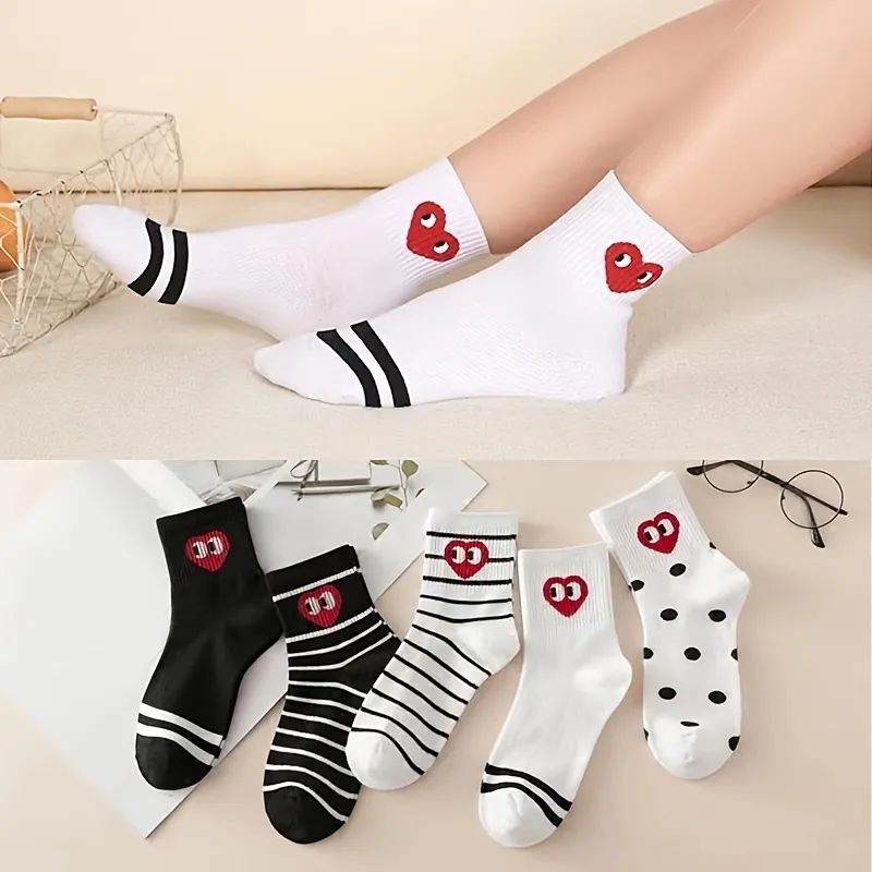5 Pairs Heart Pattern Socks Comfy Cute Crew Sports Socks Womens Stockings Hosiery - Women's Linge... | Temu Affiliate Program