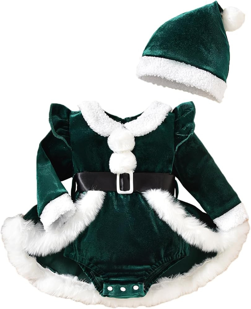 Baby Girl Christmas Outfit Fuzzy Trim Velvet Long Sleeve Romper Dress and Santa Hat 2 Piece Set | Amazon (US)