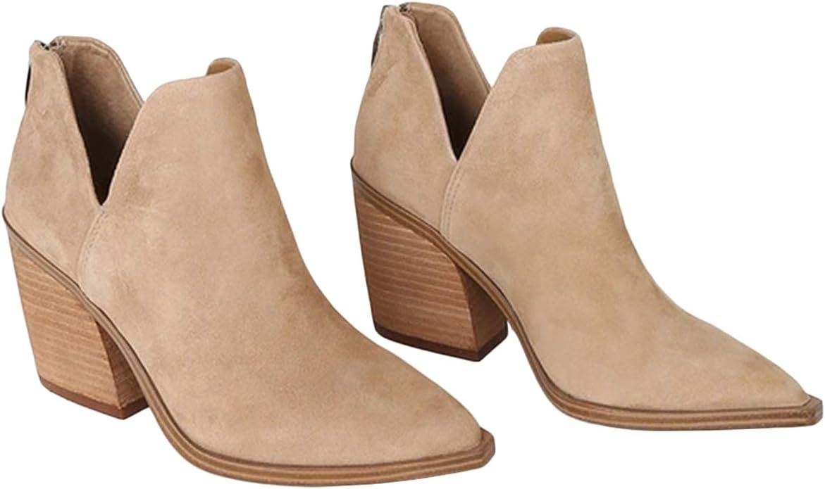 Womens Pointed Toe Chelsea Boots Cutout Stacked Slip On Chunky Block High Heel Booties | Amazon (US)
