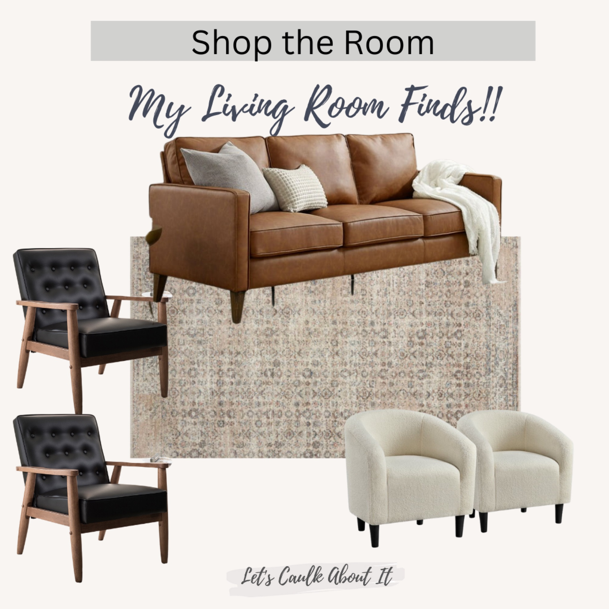 Affordable Furniture finds I incorporated into my living room refresh.  Carmel faux leather couch.  Black mid century modern chair with wood accents.  Ivory barrel arm chair. Loilo rug Angela Rose Blake collection  

#LTKhome #LTKstyletip