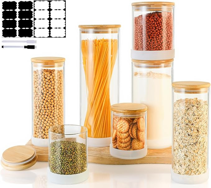 Glass Storage Containers with Bamboo Lids – 7 Pack Airtight Clear Glass Jars in Mixed Sizes (17... | Amazon (US)