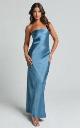 Charlita Maxi Dress - Strapless Cowl Back Satin Dress in Steel Blue | Showpo (ANZ)